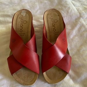 Red leather wedge sandals